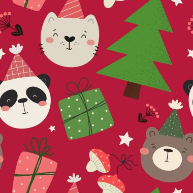 Çizgi film karakterleri ve hediyelerle kusursuz bir Noel deseni. Düz biçimli vektör illüstrasyonu.