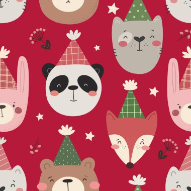 Noel Baba şapkası takan çizgi film hayvanlarıyla kusursuz bir Noel deseni. Düz biçimli vektör illüstrasyonu.