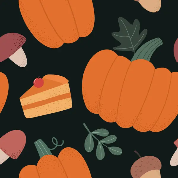 Seamless Pattern Pumpkins Pumpkin Pie Leaves Acorn Cartoon Festive Pattern — Stock Vector