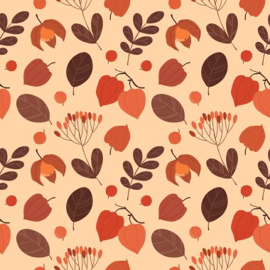 Felsefe meyveleri ve sonbahar meyveleri ve yaprakları ile kusursuz desen, botanik desen. Vektör illüstrasyonu