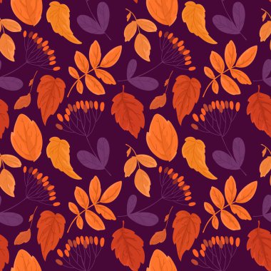 Sonbahar yaprakları ve böğürtlenlerle kusursuz bir arka plan. Düz biçimli vektör deseni.