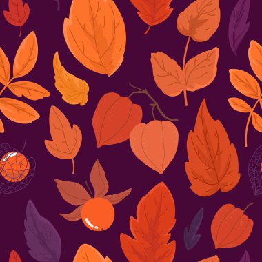 Sonbahar yaprakları ve böğürtlenlerle kusursuz bir arka plan. Düz biçimli vektör deseni.