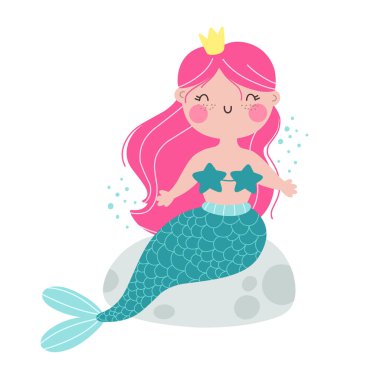 Sevimli küçük deniz kızı karakteri, çocuk çizimi, düz basım..
