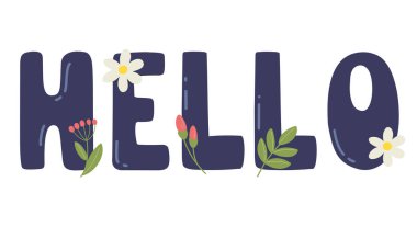 Merhaba mesaj, bitki unsurlu karikatür metni, selamlama metni. Vektör.