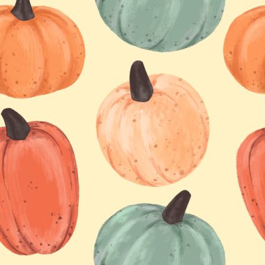 Balkabaklı kusursuz desen, sonbahar deseni, Cadılar Bayramı, Şükran Günü, ambalaj kağıdı için arka plan. Suluboya biçimi.