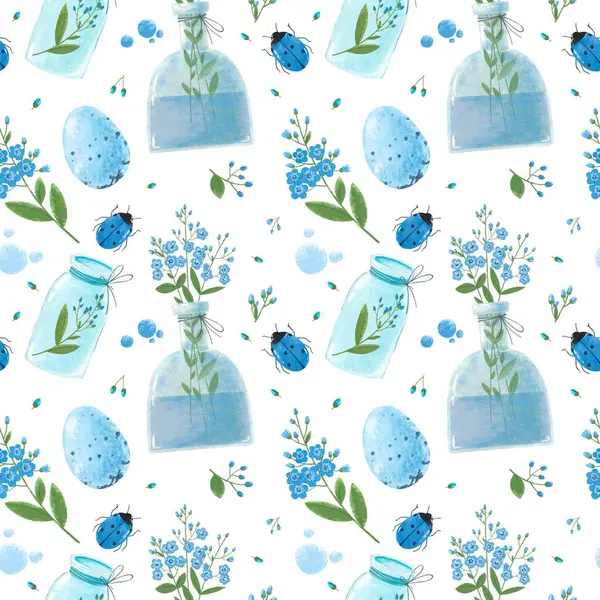 Seamless Easter pattern with spring flowers and insects in a blue tone. Bright and delicate watercolor print for children's clothing, backgrounds