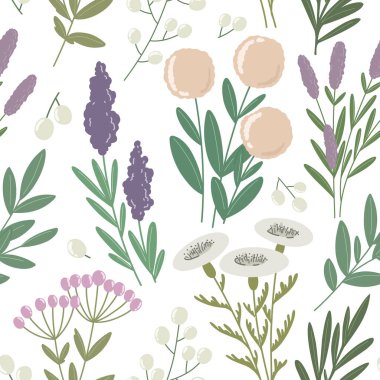 Çiçekler ve yapraklarla kusursuz desen. Botanik illüstrasyon. Vektör