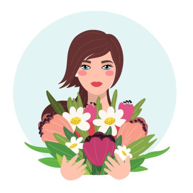 Çiçekli kız, bahar kadın avatar çizimi.