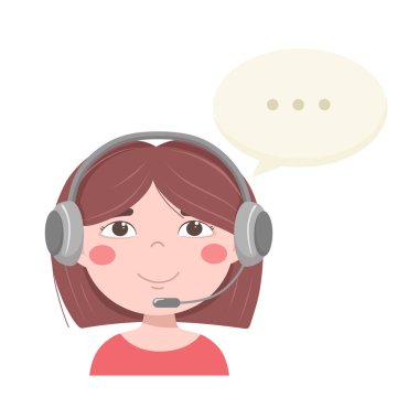 Kulaklıklı bir kız, insanlarla iletişim, teknik destek. Vektör illüstrasyonu.