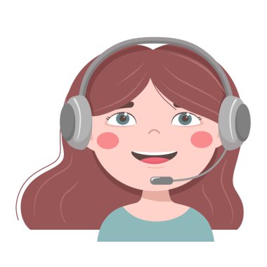 Kulaklıklı bir kız, insanlarla iletişim, teknik destek. Vektör illüstrasyonu.