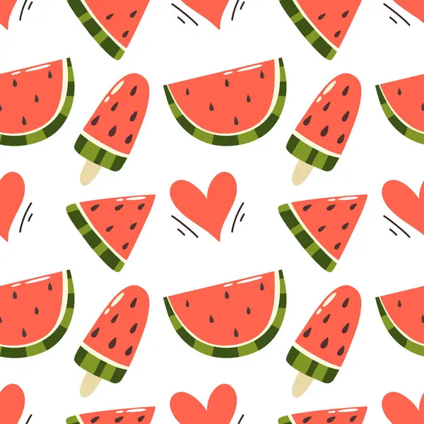 stock vector Seamless pattern with watermelon slices and drink in cartoon flat style, bright and summer print. Vector illustration.