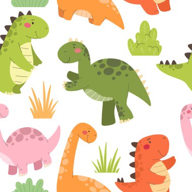 Dinozorlarda kusursuz desen. Şirin karikatür dinozorları, çocuk baskısı, vektör.