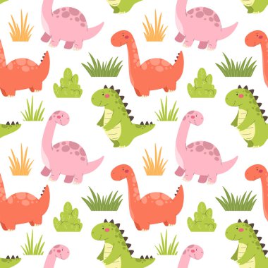Dinozorlarda kusursuz desen. Şirin karikatür dinozorları, çocuk baskısı, vektör.