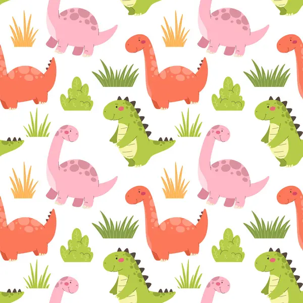 Dinozorlarda kusursuz desen. Şirin karikatür dinozorları, çocuk baskısı, vektör.