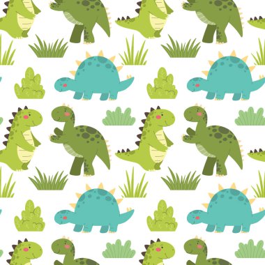 Dinozorlarda kusursuz desen. Şirin karikatür dinozorları, çocuk baskısı, vektör.
