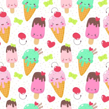 Güzel dondurmalı kusursuz desen, çizgi film karakterleri, çocukların eğlenceli yaz baskısı. Vektör illüstrasyonu.