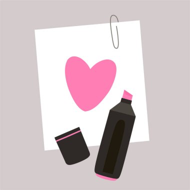 Üzerinde bir not ve kalp tasarımı olan pembe bir kalem. Çizgi film tarzında vektör izole et.