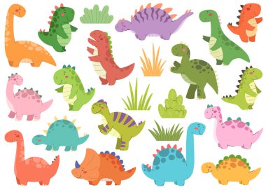 Çizgi film tarzında büyük şirin dinozor koleksiyonu. Bebek dinozor vektörü izole eder.