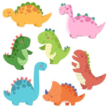 Çizgi film tarzında şirin dinozorlar koleksiyonu. Bebek dinozor vektörü izole eder.