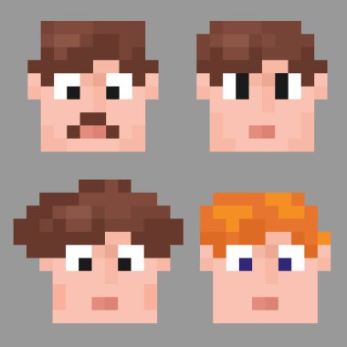 Pikselleştirilmiş bir grup genç adam. Karakterlerin oyun avatarları.