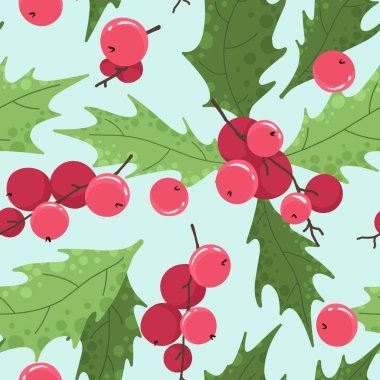 Kusursuz şablon, bitki elementleriyle Noel şablonu. Holly, düz stil süs..