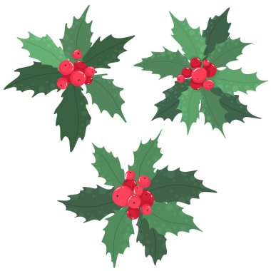 Holly böğürtlenli ve Noel süslemeli. Düz stil Noel dekoru.