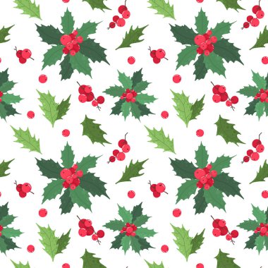 Kusursuz şablon, bitki elementleriyle Noel şablonu. Holly, düz stil süs..