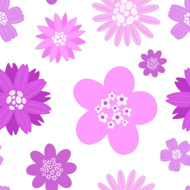 Şekillendirilmiş bahar moru ve pembe çiçekli kusursuz desen. Vektör grafikleri.