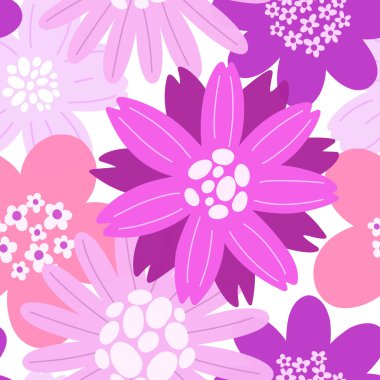 Şekillendirilmiş bahar moru ve pembe çiçekli kusursuz desen. Vektör grafikleri.