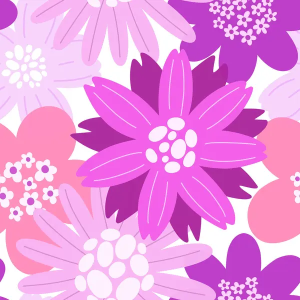 Şekillendirilmiş bahar moru ve pembe çiçekli kusursuz desen. Vektör grafikleri.