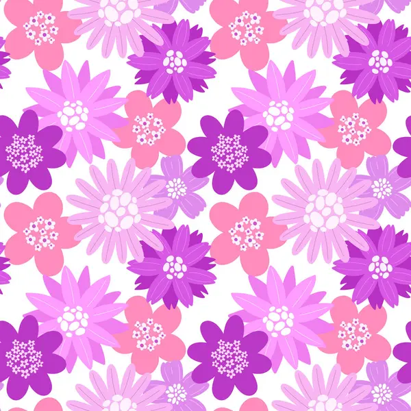 Şekillendirilmiş bahar moru ve pembe çiçekli kusursuz desen. Vektör grafikleri.