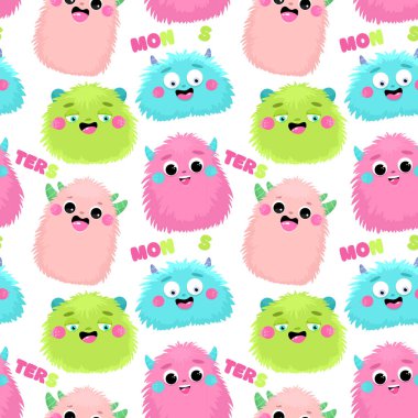 Şirin tüylü canavarlarla kusursuz desen, çocuk parmak izi..