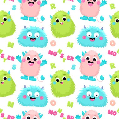 Şirin tüylü canavarlarla kusursuz desen, çocuk parmak izi.