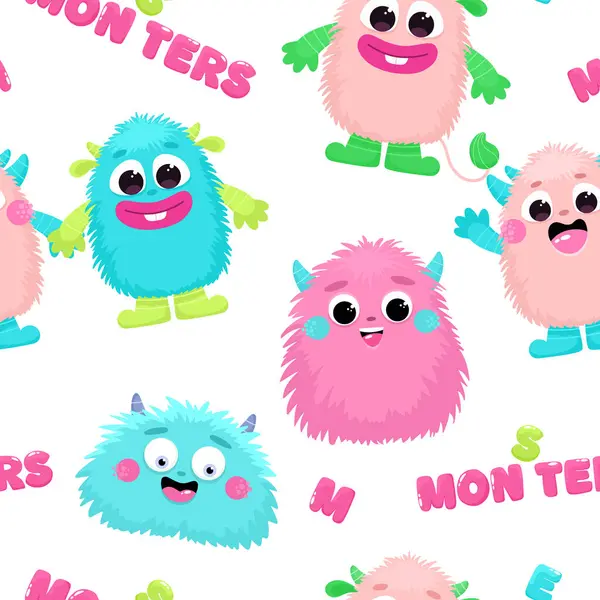 Şirin tüylü canavarlarla kusursuz desen, çocuk parmak izi.