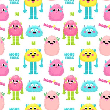 Şirin tüylü canavarlarla kusursuz desen, çocuk parmak izi.