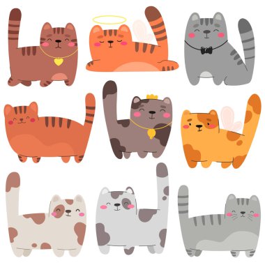 Düz stil kedi koleksiyonu. Beyaz arka planda izole edilmiş şirin kedi simgeleri