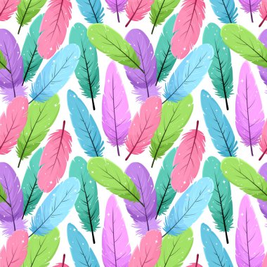 Renkli tüyleri olan kusursuz bir desen kumaş ya da ambalaj için güzel ve canlı bir iz. Düz biçim.