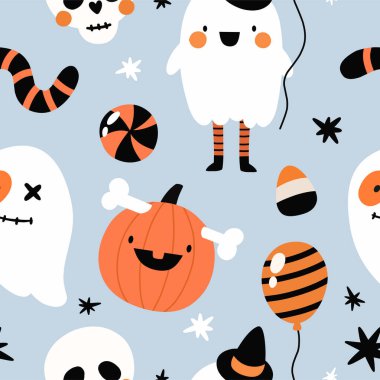 Seamless pattern with cute Halloween characters. Flat style, hand-drawn.