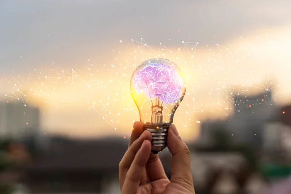 Businessman Holding Light Bulbs Brain Low Poly Wireframe Creative Innovation — Stock Photo, Image
