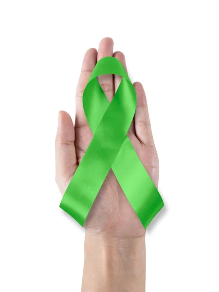 Vápno Zelená Stuha Pro Duševní Zdraví Onemocnění Lymfom Rakoviny Povědomí — Stock fotografie