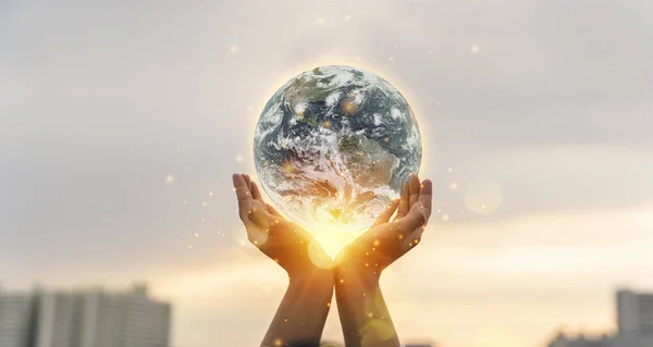 World Environment Day Concept Human Hands Holding Earth Global Blurred — Stock Photo, Image
