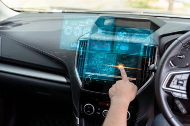 Driverless car interior with futuristic dashboard for autonomous control system. Inside view of cockpit HUD technology using AI artificial intelligence sensor to drive car without people driver.