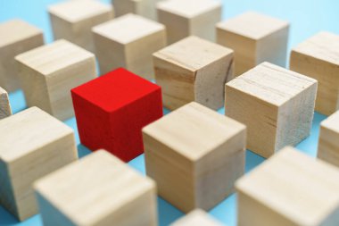 Liderlik kavramı yaratıcılık farklılığı kahverengi bloklar arasındaki kırmızı bloklar. Yaşam tarzı. İş için. Kalabalıktan uzak dur. Lider olarak eşsiz kırmızı blok karşı ahşap.