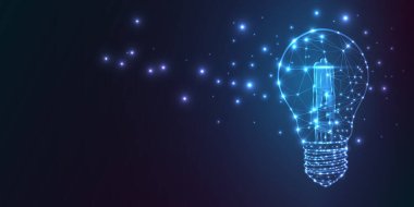 Parlayan ampul koyu mavi üzerine izole edilmiş. Yaratıcı fikir, patent, dijital çözüm, gelecekteki teknoloji