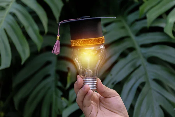 Small Graduation Cap Put Bright Light Bulb Child Hand Feeling — Stock Photo, Image