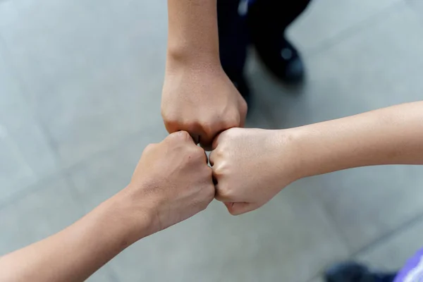 Close Students Standing Hands Making Fist Bump Gesture Group Happy — Stok Foto