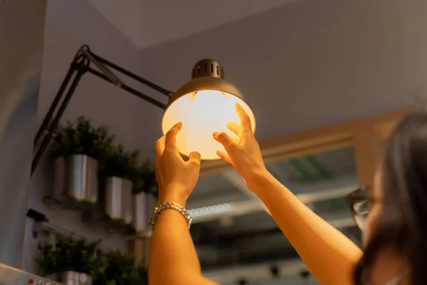 Hand Woman Changing New Led Lamp Light Bulb Power Saving — Stock Photo, Image