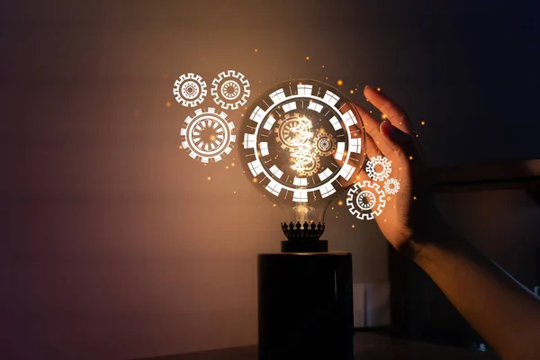 Hand Holding Light Bulb Cog Idea Imagination Creative Inspiration Network — Stock Photo, Image