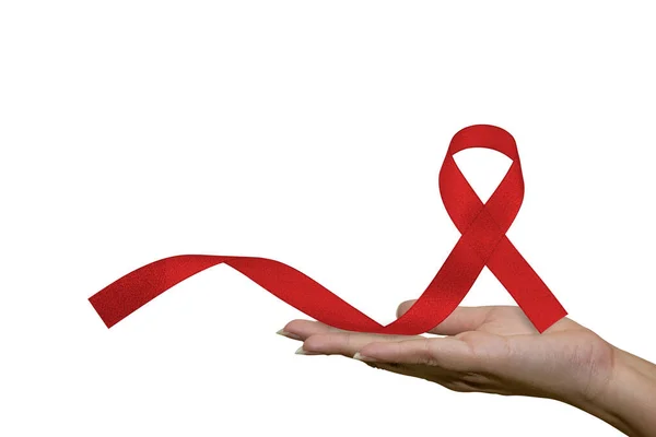 Zdravotnictví Lékařství Ženská Ruka Drží Červenou Stuhu Vědomí Aids Nápověda — Stock fotografie