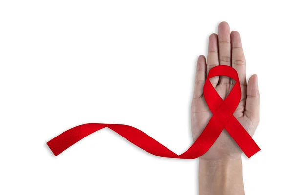 Zdravotnictví Lékařství Ženská Ruka Drží Červenou Stuhu Vědomí Aids Nápověda — Stock fotografie